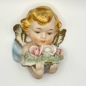 Vintage Tilso Japan Hand Painted Bisque Cherub Wall Decor MCM Shabby Chic MINT
